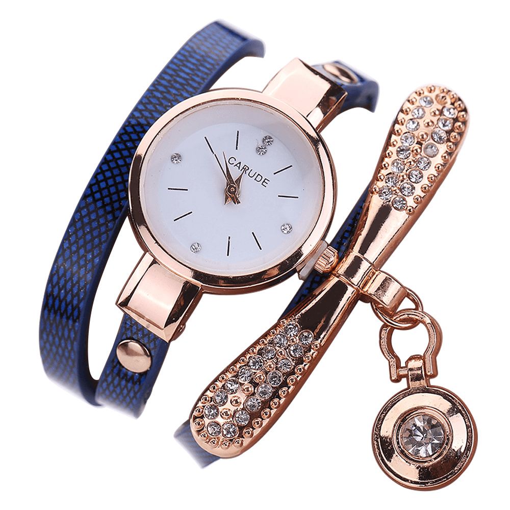 Retro Pu-Band Multi-Layer Lady Horloge Metalen Geometrische Strass Boog Hanger Vrouwen Quartz Horloge