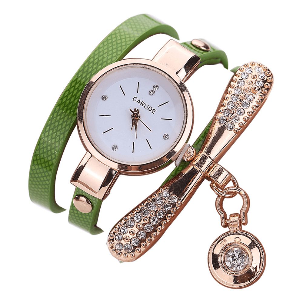 Retro Pu-Band Multi-Layer Lady Horloge Metalen Geometrische Strass Boog Hanger Vrouwen Quartz Horloge