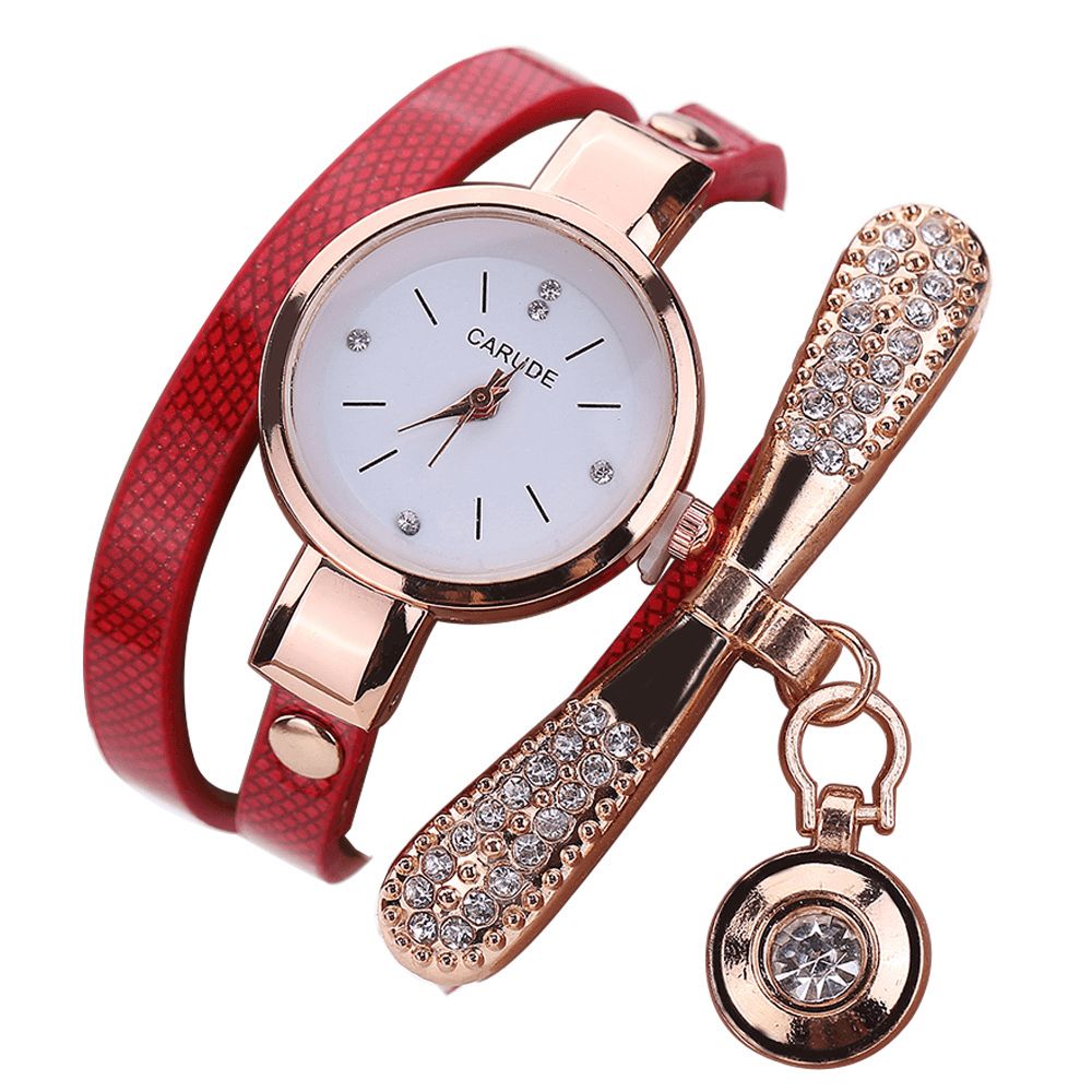 Retro Pu-Band Multi-Layer Lady Horloge Metalen Geometrische Strass Boog Hanger Vrouwen Quartz Horloge