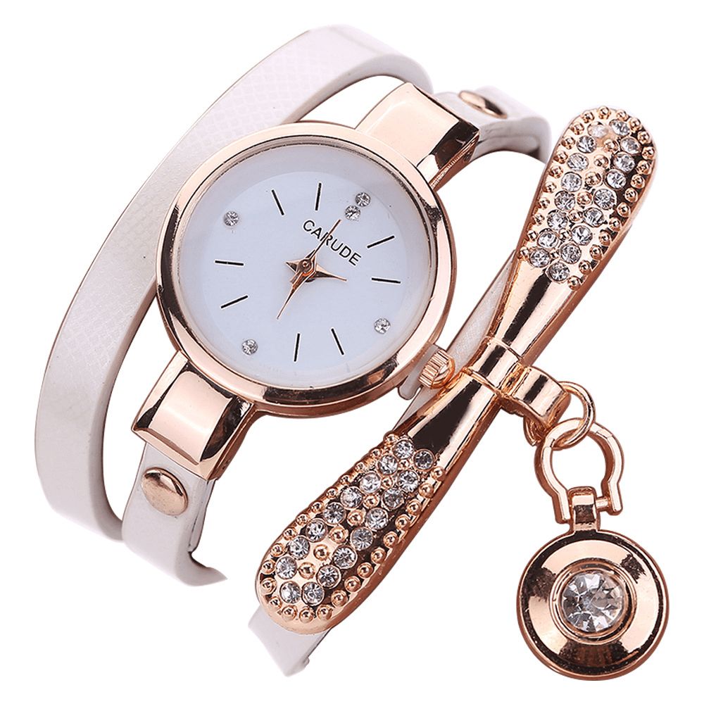 Retro Pu-Band Multi-Layer Lady Horloge Metalen Geometrische Strass Boog Hanger Vrouwen Quartz Horloge