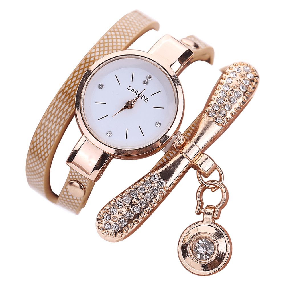 Retro Pu-Band Multi-Layer Lady Horloge Metalen Geometrische Strass Boog Hanger Vrouwen Quartz Horloge