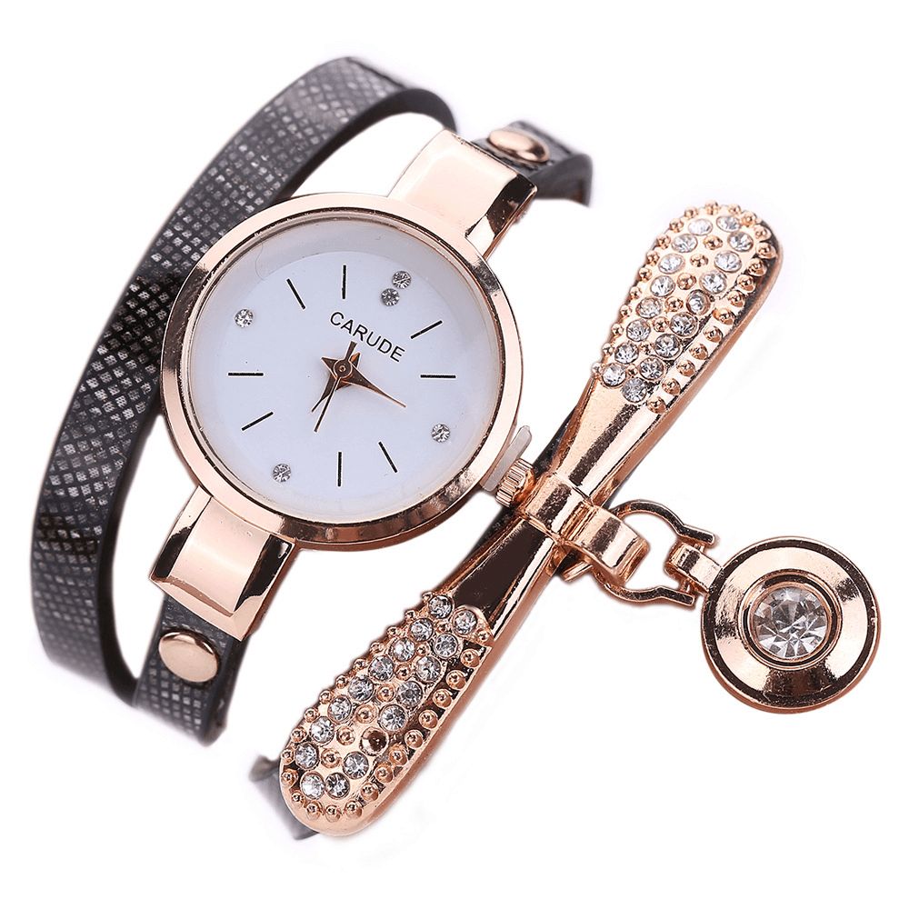 Retro Pu-Band Multi-Layer Lady Horloge Metalen Geometrische Strass Boog Hanger Vrouwen Quartz Horloge