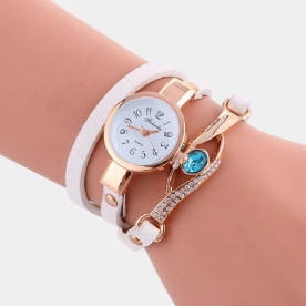 Retro Pu-Band Strass Multi-Layer Dame Horloge Metaal Blauw Kristal Verstelbaar Polshorloge Quartz Horloge