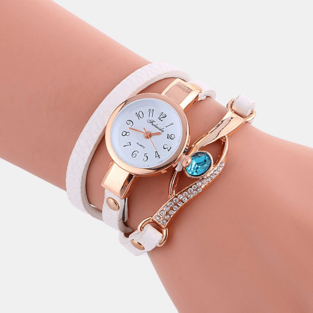 Retro Pu-Band Strass Multi-Layer Dame Horloge Metaal Blauw Kristal Verstelbaar Polshorloge Quartz Horloge