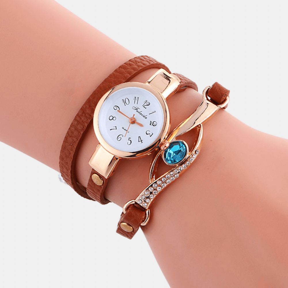 Retro Pu-Band Strass Multi-Layer Dame Horloge Metaal Blauw Kristal Verstelbaar Polshorloge Quartz Horloge