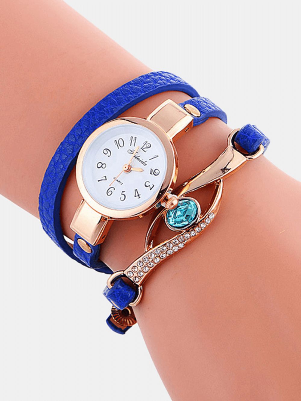 Retro Pu-Band Strass Multi-Layer Dame Horloge Metaal Blauw Kristal Verstelbaar Polshorloge Quartz Horloge