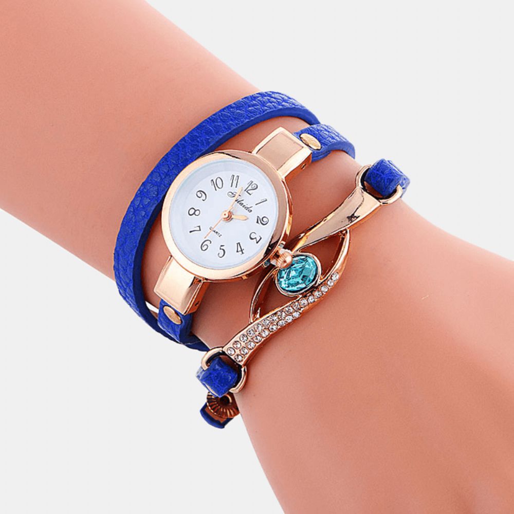 Retro Pu-Band Strass Multi-Layer Dame Horloge Metaal Blauw Kristal Verstelbaar Polshorloge Quartz Horloge