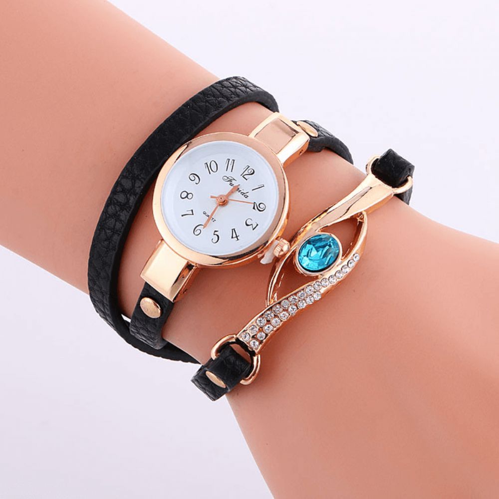 Retro Pu-Band Strass Multi-Layer Dame Horloge Metaal Blauw Kristal Verstelbaar Polshorloge Quartz Horloge