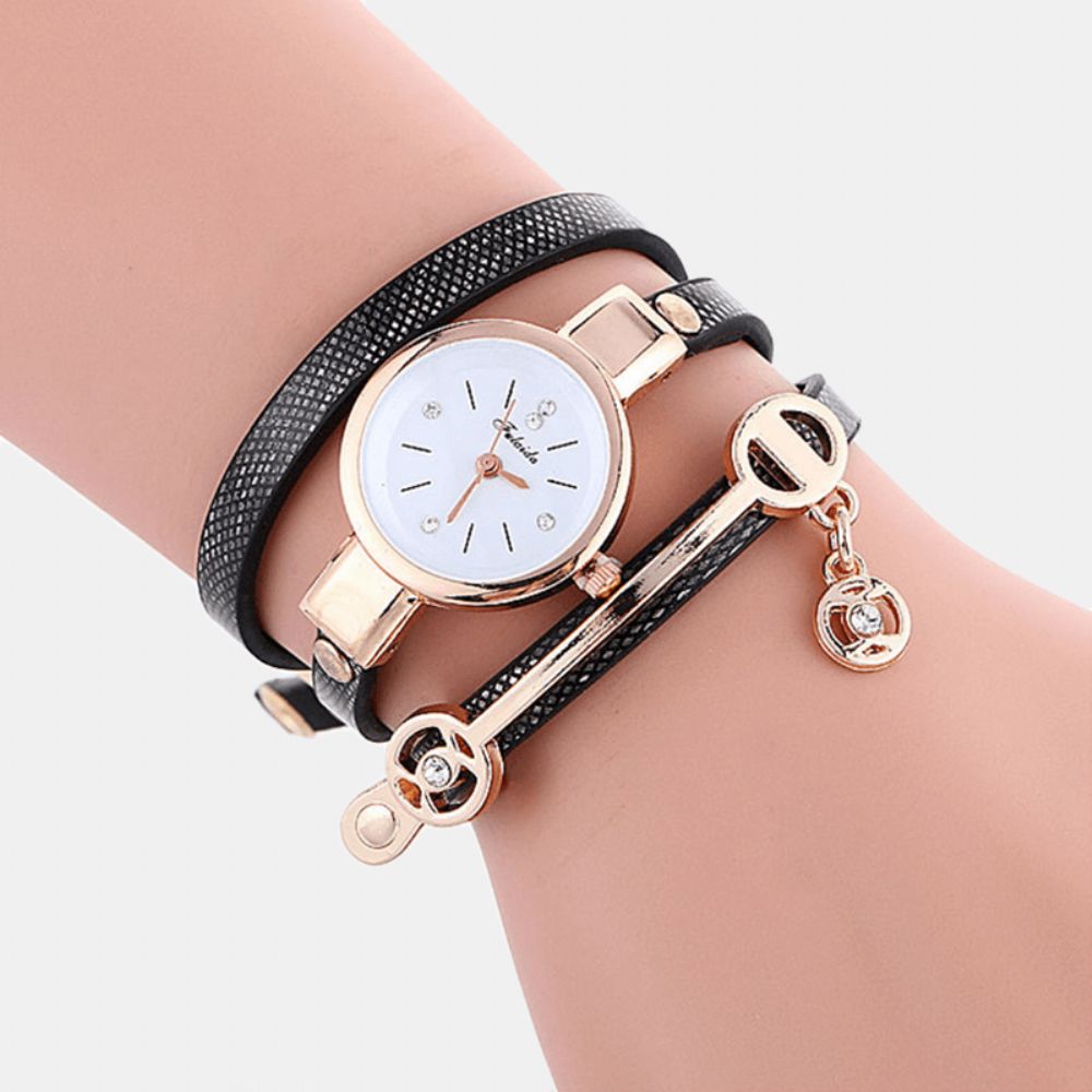 Retro Pu-Band Strass Multi-Layer Horloge Metalen Hanger Verstelbaar Klassiek Dames Quartz Horloge