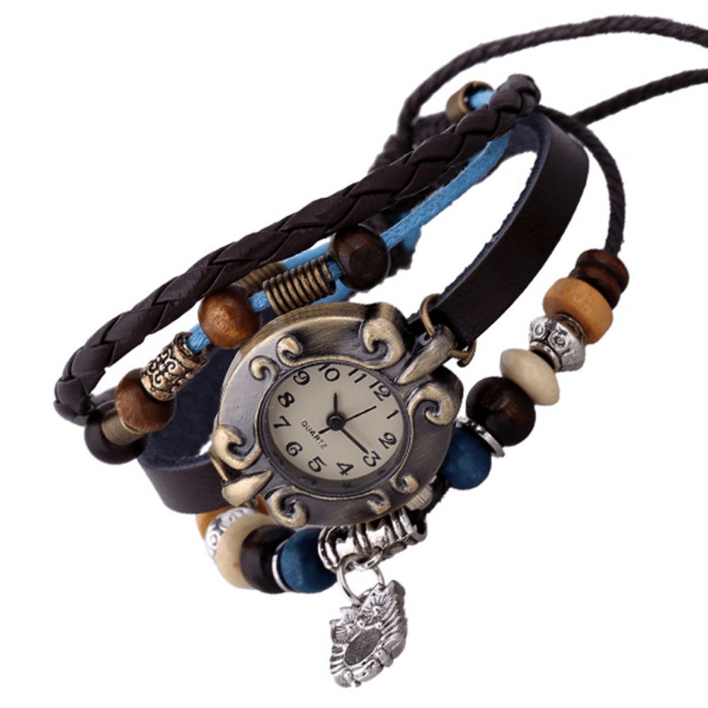 Retro Stijl Vintage Gevlochten Quartz Horloge Atmosferische Kralen Lederen Uil Hanger Armband Horloge