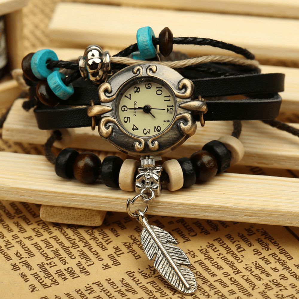 Retro Stijl Vintage Koeienhuid Multi-Layer Quartz Horloge Weave Feather Hanger Lederen Armband Horloge