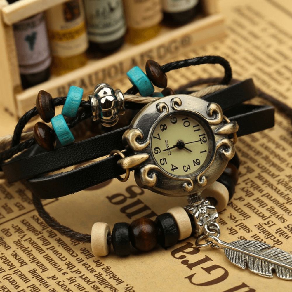 Retro Stijl Vintage Koeienhuid Multi-Layer Quartz Horloge Weave Feather Hanger Lederen Armband Horloge