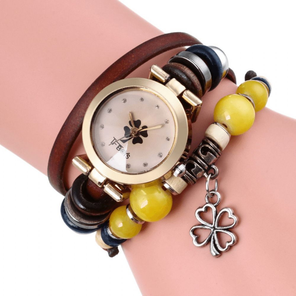 Retro Stijl Vintage Quartz Horloge Versierd Pointer Klavertje Vier Hanger Kralen Multi-Layer Armband Horloge