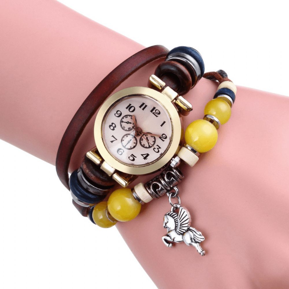 Retro Stijl Vintage Quartz Horloge Versierd Pointer Klavertje Vier Hanger Kralen Multi-Layer Armband Horloge