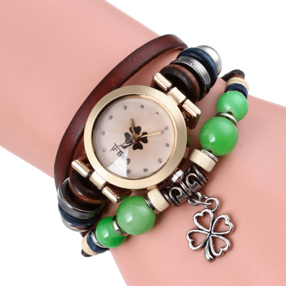 Retro Stijl Vintage Quartz Horloge Versierd Pointer Klavertje Vier Hanger Kralen Multi-Layer Armband Horloge