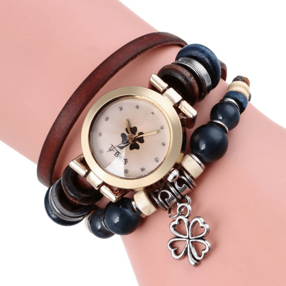 Retro Stijl Vintage Quartz Horloge Versierd Pointer Klavertje Vier Hanger Kralen Multi-Layer Armband Horloge