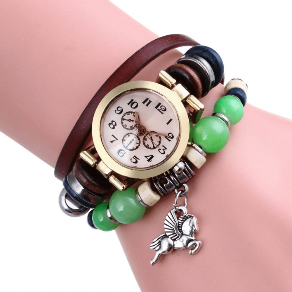 Retro Stijl Vintage Quartz Horloge Versierd Pointer Klavertje Vier Hanger Kralen Multi-Layer Armband Horloge