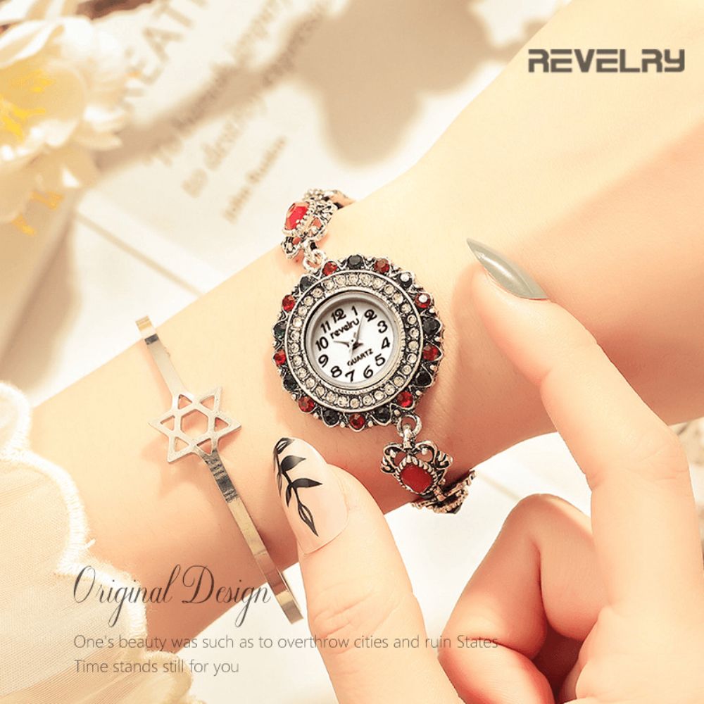 Revelry R1097 Flower Dial Retro-Stijl Damespolshorloge Crystal Quartz-Horloges