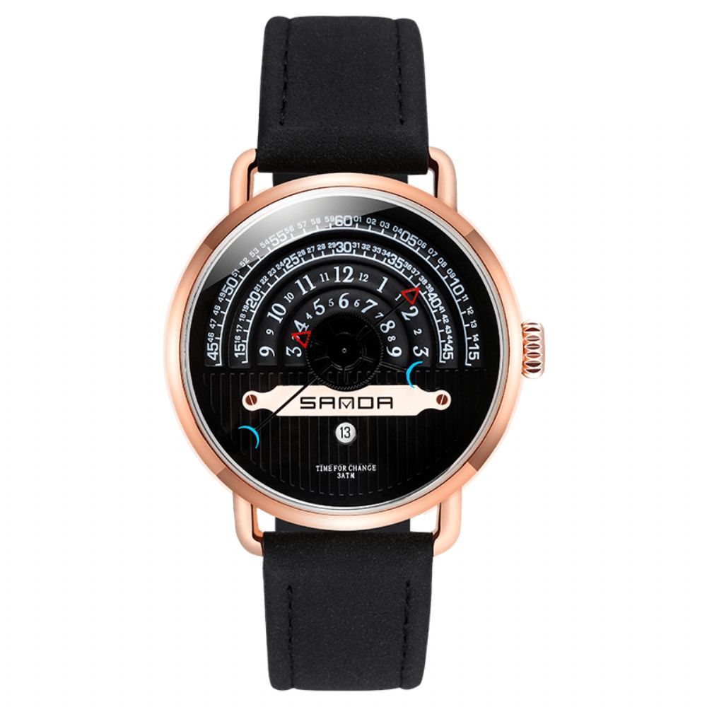 Sanda P1030 Mode Datumweergave Creatieve Wijzerplaat Mode Heren Lederen Band Quartz Horloge