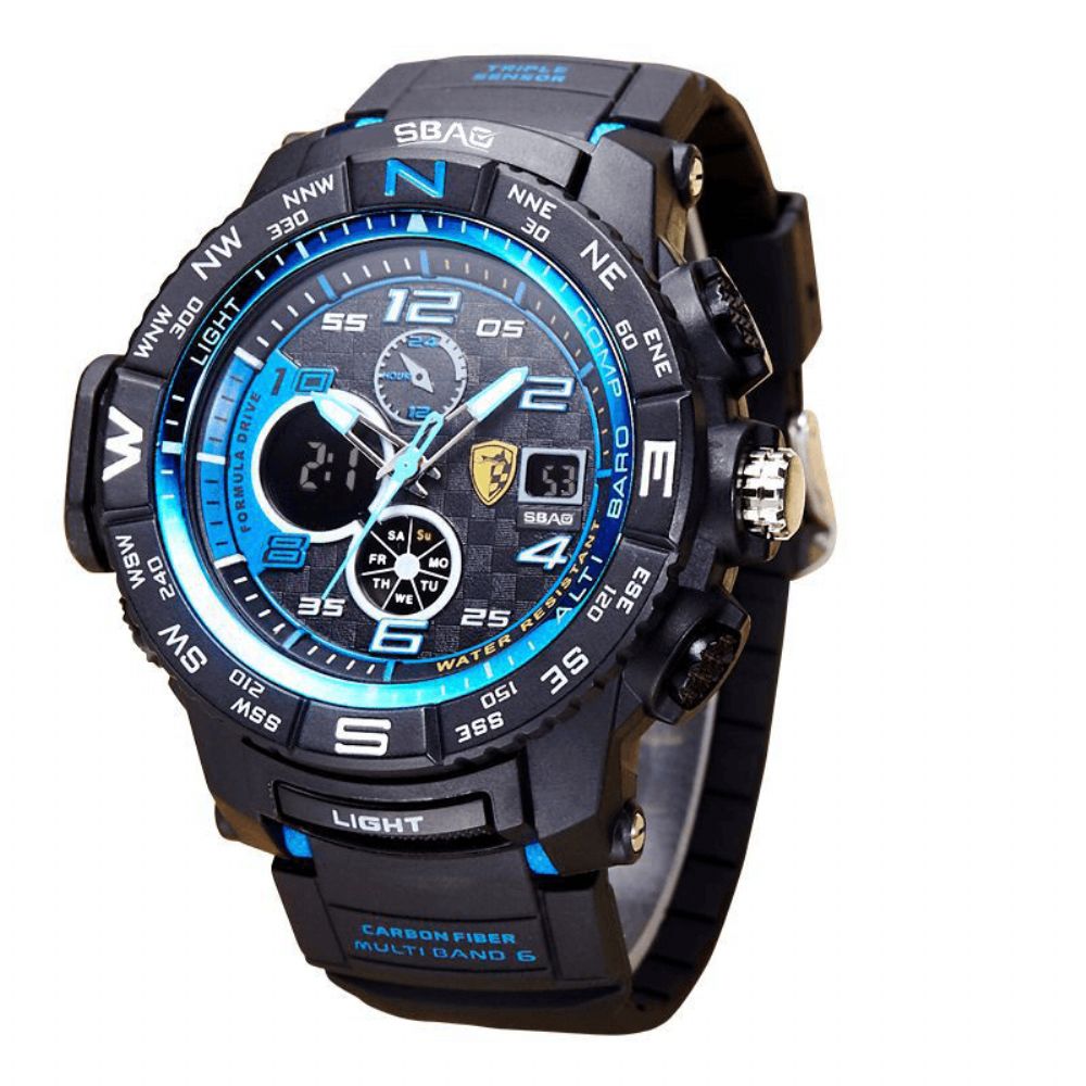 Sbao S8006 Lichtgevende Display Mode Sport Stijl 12 24 Uur Waterdicht Heren Dual Display Digitaal Horloge