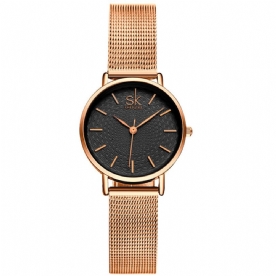 Shengke Casual Stijl Ultradun Dames Polshorloge Mesh Stalen Band Quartz Horloge