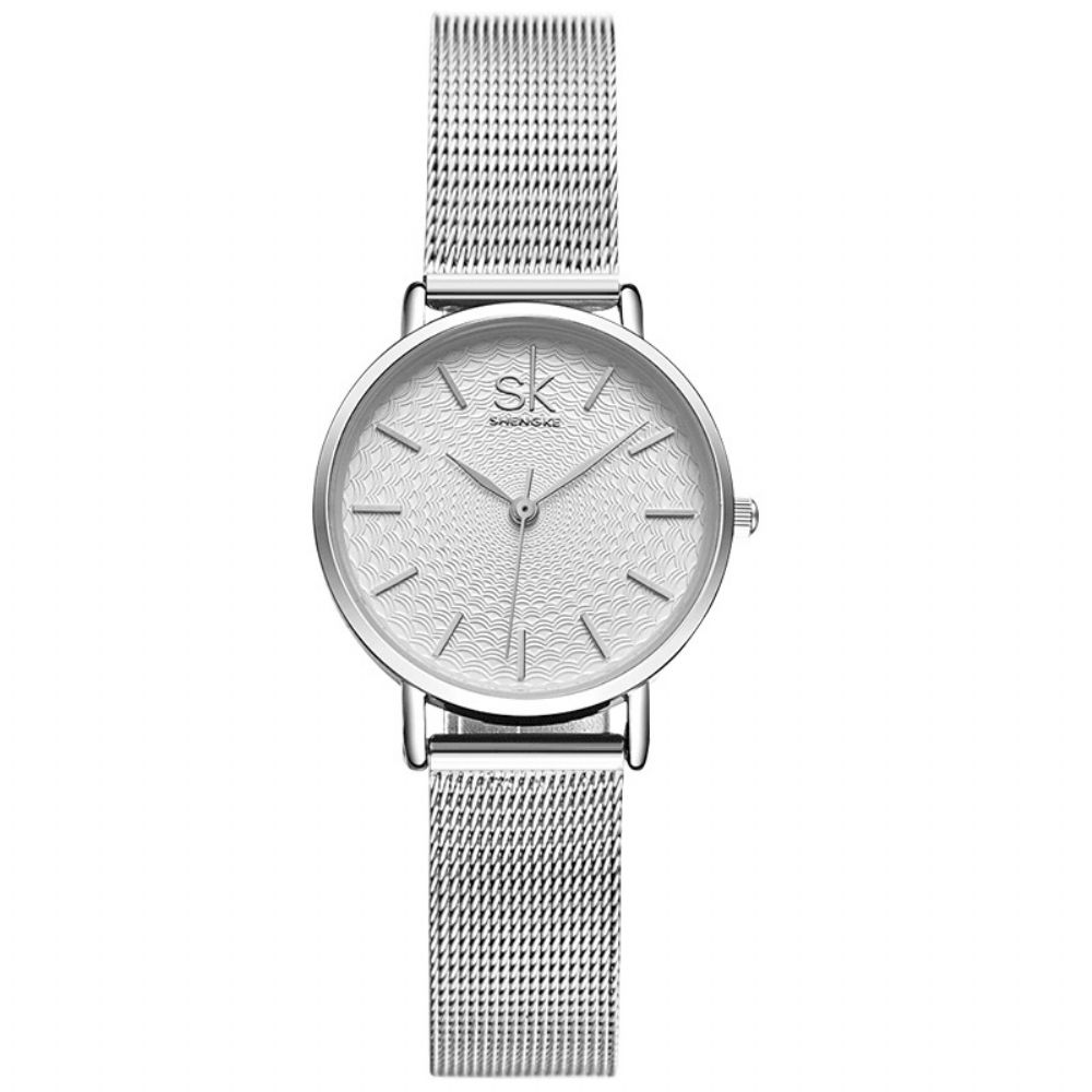 Shengke Casual Stijl Ultradun Dames Polshorloge Mesh Stalen Band Quartz Horloge