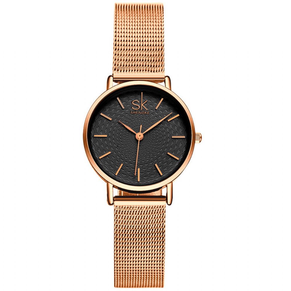 Shengke Casual Stijl Ultradun Dames Polshorloge Mesh Stalen Band Quartz Horloge