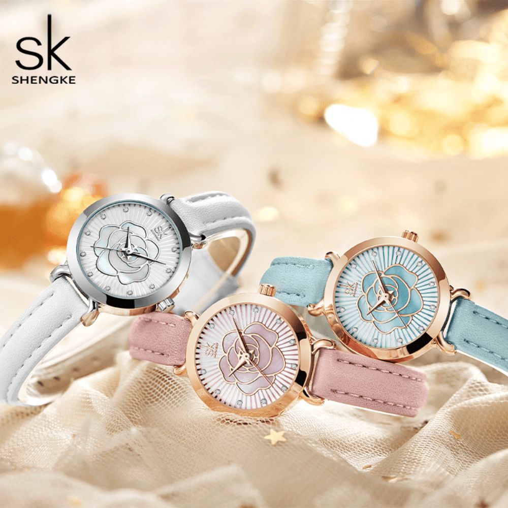 Shengke K0148 Mode Lederen Band Horloge Casual Wijzerplaat Elegant Dames Quartz Horloge