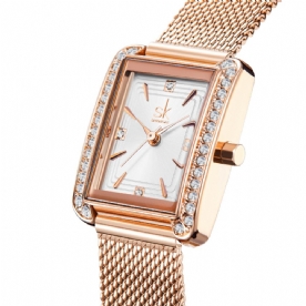 Shengke K0151 Strass Decoratie Rechthoekige Wijzerplaat Pu Leer Stalen Mesh Band 3Atm Dames Quartz Horloge