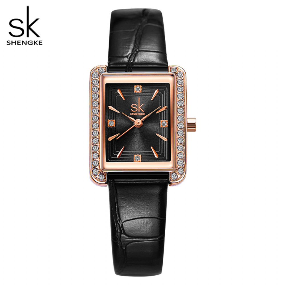 Shengke K0151 Strass Decoratie Rechthoekige Wijzerplaat Pu Leer Stalen Mesh Band 3Atm Dames Quartz Horloge