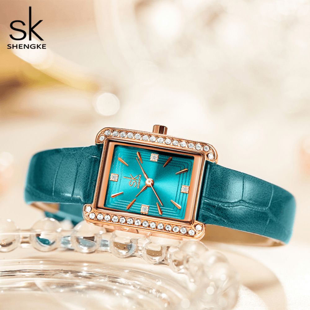 Shengke K0151 Strass Decoratie Rechthoekige Wijzerplaat Pu Leer Stalen Mesh Band 3Atm Dames Quartz Horloge