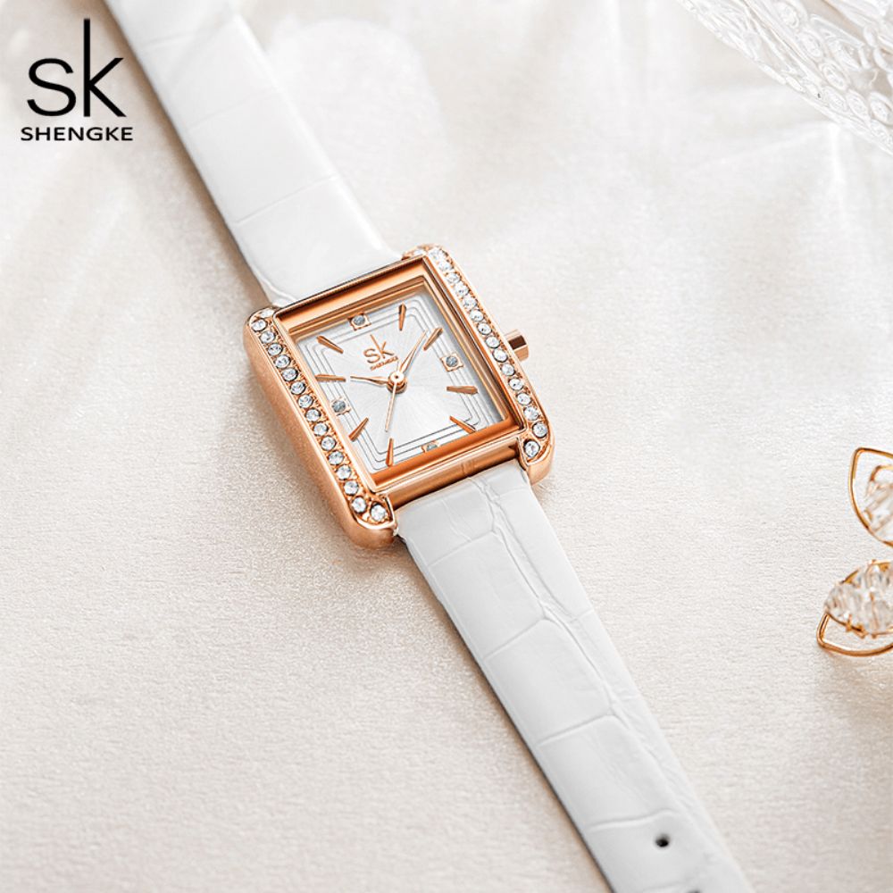 Shengke K0151 Strass Decoratie Rechthoekige Wijzerplaat Pu Leer Stalen Mesh Band 3Atm Dames Quartz Horloge