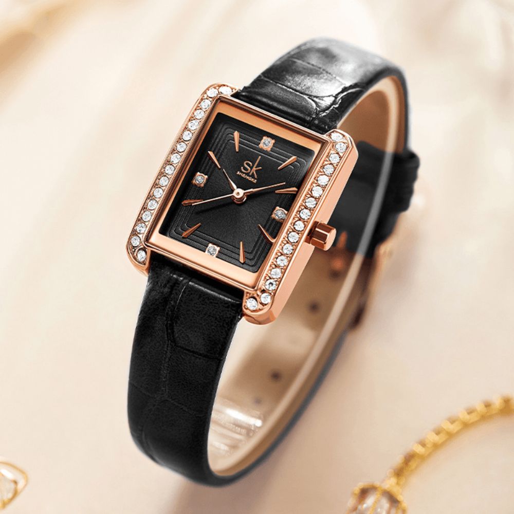 Shengke K0151 Strass Decoratie Rechthoekige Wijzerplaat Pu Leer Stalen Mesh Band 3Atm Dames Quartz Horloge