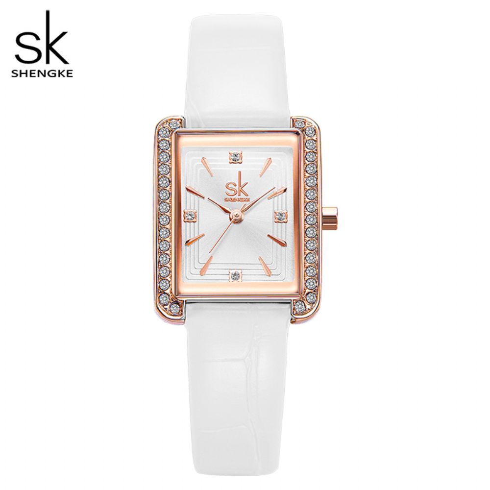 Shengke K0151 Strass Decoratie Rechthoekige Wijzerplaat Pu Leer Stalen Mesh Band 3Atm Dames Quartz Horloge