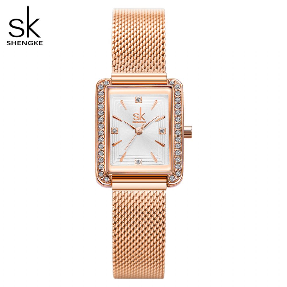 Shengke K0151 Strass Decoratie Rechthoekige Wijzerplaat Pu Leer Stalen Mesh Band 3Atm Dames Quartz Horloge