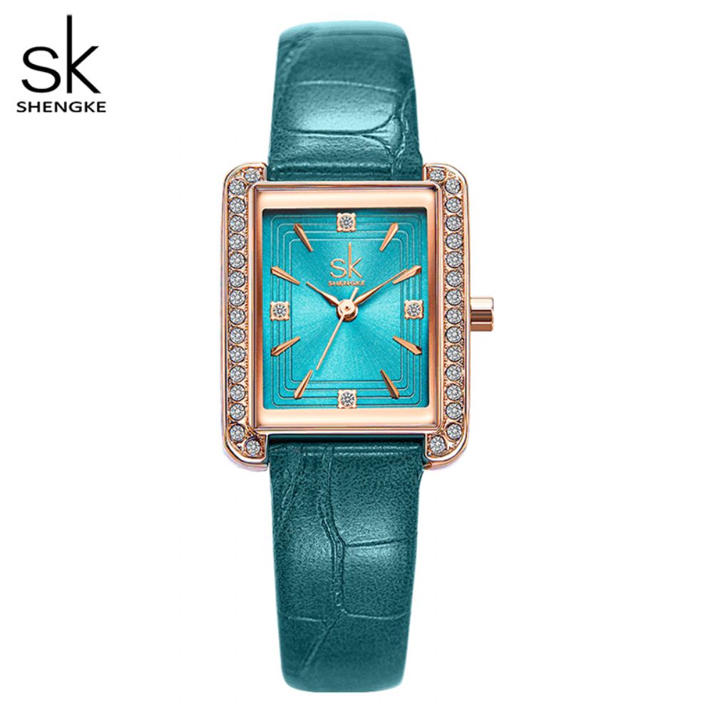 Shengke K0151 Strass Decoratie Rechthoekige Wijzerplaat Pu Leer Stalen Mesh Band 3Atm Dames Quartz Horloge