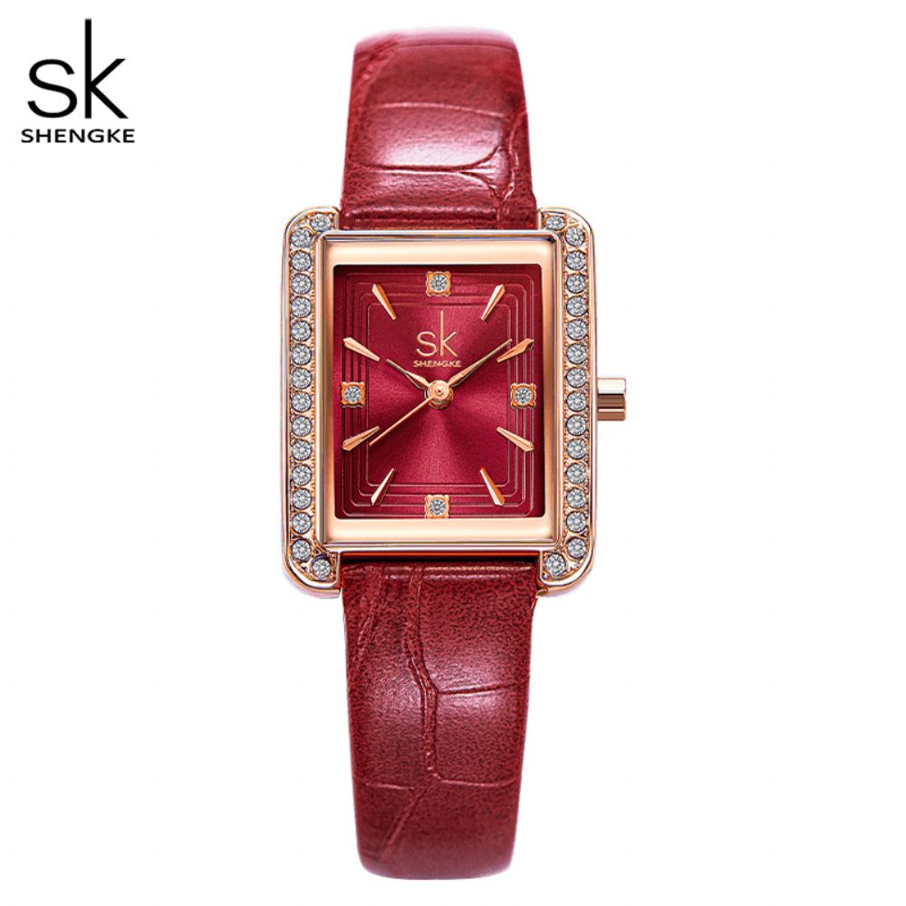 Shengke K0151 Strass Decoratie Rechthoekige Wijzerplaat Pu Leer Stalen Mesh Band 3Atm Dames Quartz Horloge