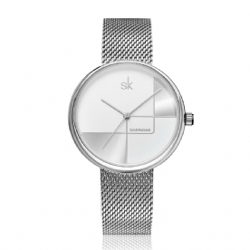 Shengke Sk K0105L Geometrische Lijn Eenvoudige Naald Wijzerplaat Dames Volledig Stalen Dames Jurk Luxe Quartz Horloge