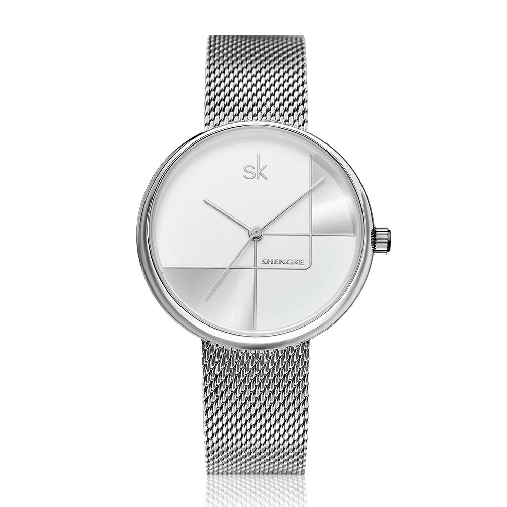 Shengke Sk K0105L Geometrische Lijn Eenvoudige Naald Wijzerplaat Dames Volledig Stalen Dames Jurk Luxe Quartz Horloge