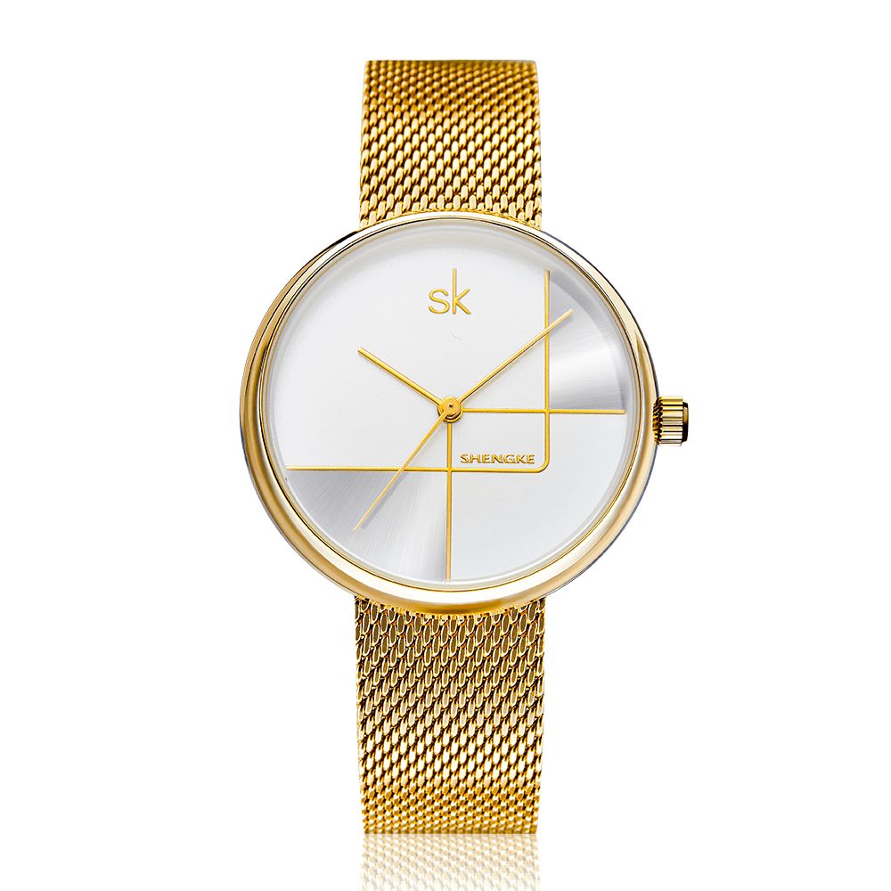 Shengke Sk K0105L Geometrische Lijn Eenvoudige Naald Wijzerplaat Dames Volledig Stalen Dames Jurk Luxe Quartz Horloge