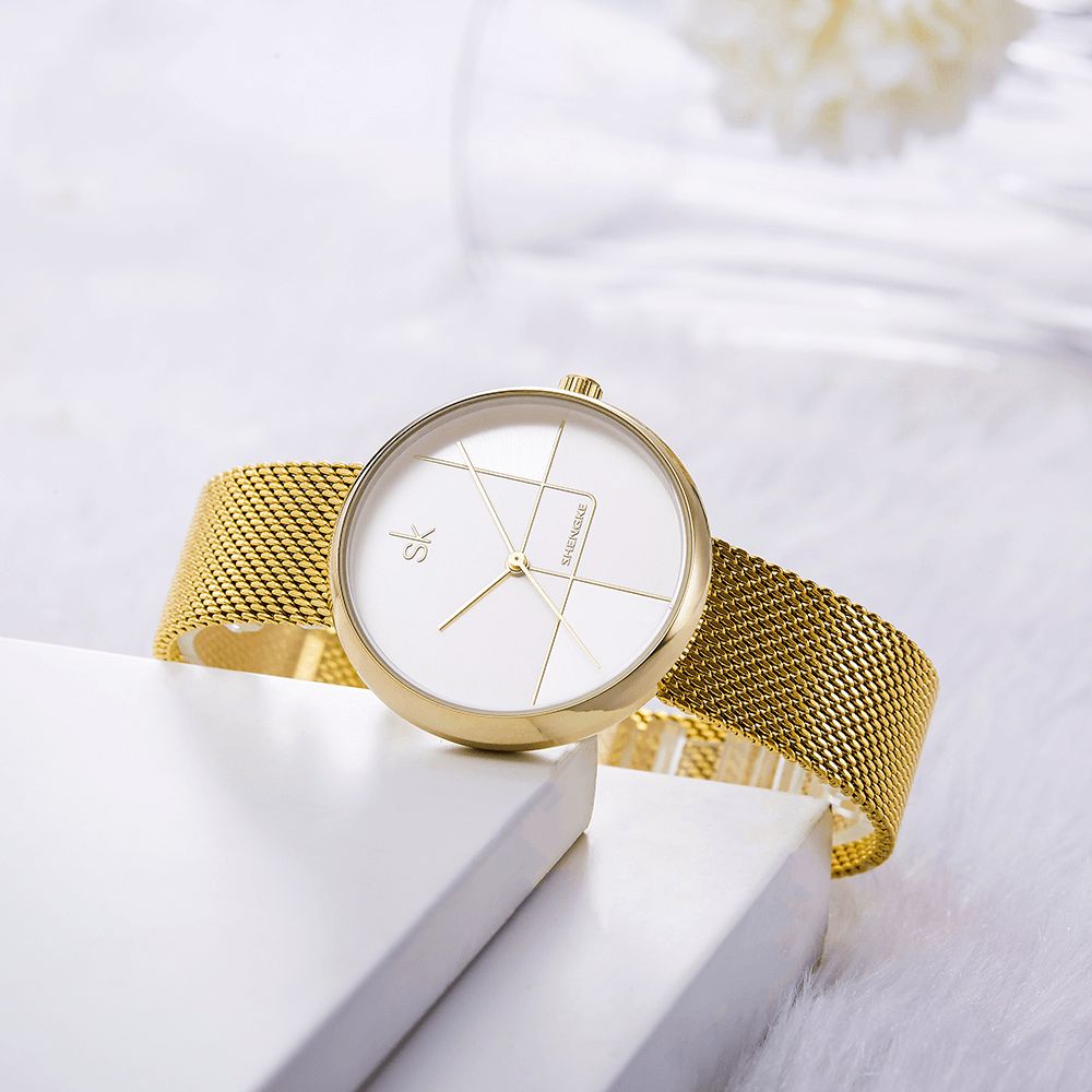 Shengke Sk K0105L Geometrische Lijn Eenvoudige Naald Wijzerplaat Dames Volledig Stalen Dames Jurk Luxe Quartz Horloge