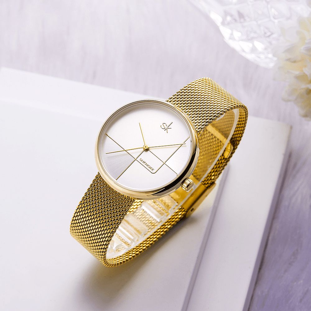 Shengke Sk K0105L Geometrische Lijn Eenvoudige Naald Wijzerplaat Dames Volledig Stalen Dames Jurk Luxe Quartz Horloge