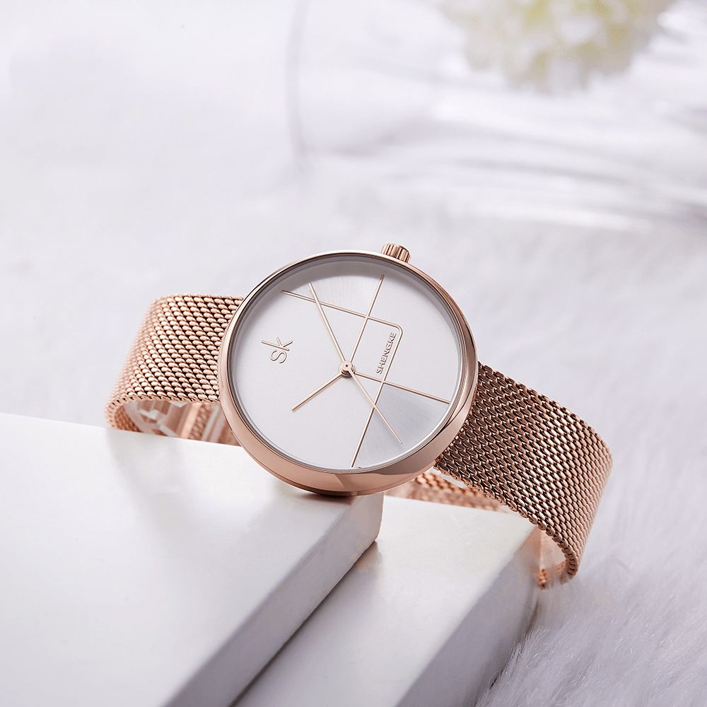 Shengke Sk K0105L Geometrische Lijn Eenvoudige Naald Wijzerplaat Dames Volledig Stalen Dames Jurk Luxe Quartz Horloge