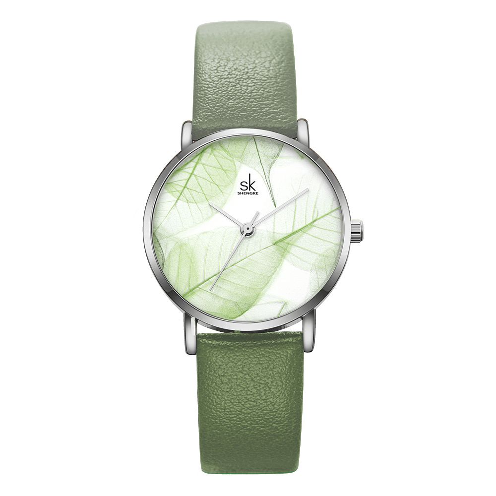 Shengke Sk K0108 Lente Jade Groen Kalm Bruin Blad Wijzerplaat Mode Lederen Band Dames Quartz Horloge