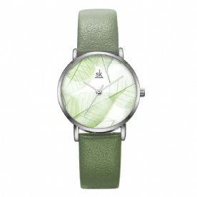 Shengke Sk K0108 Lente Jade Groen Kalm Bruin Blad Wijzerplaat Mode Lederen Band Dames Quartz Horloge