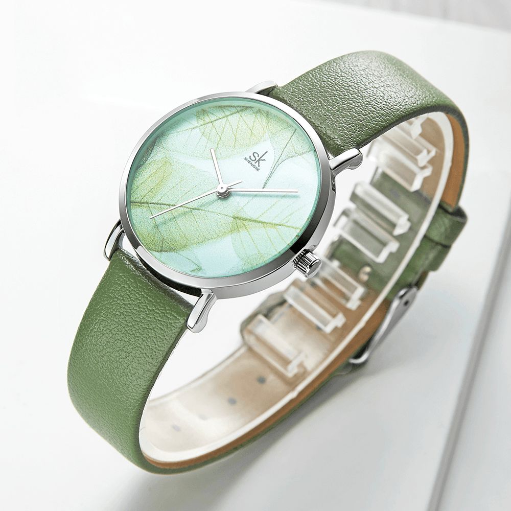 Shengke Sk K0108 Lente Jade Groen Kalm Bruin Blad Wijzerplaat Mode Lederen Band Dames Quartz Horloge