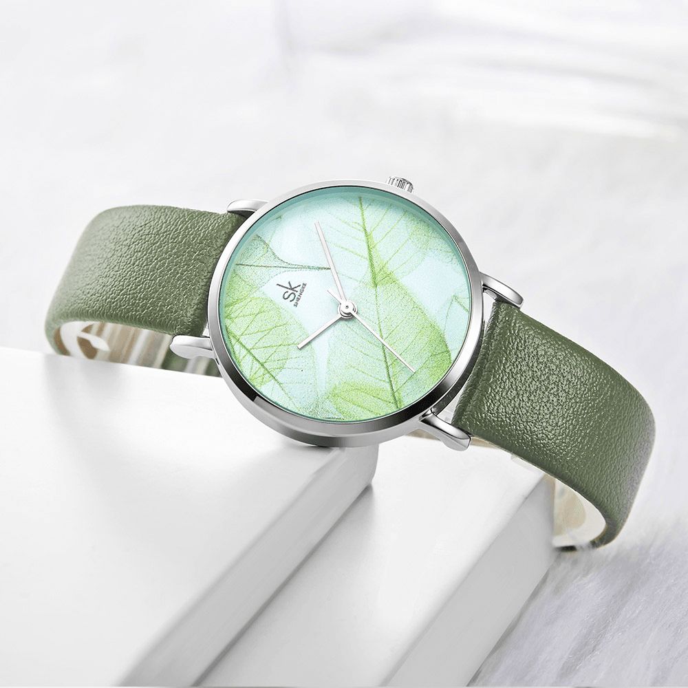 Shengke Sk K0108 Lente Jade Groen Kalm Bruin Blad Wijzerplaat Mode Lederen Band Dames Quartz Horloge