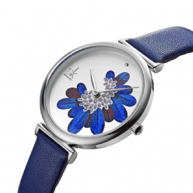 Shengke Sk K0123 Bladeren Patroon Kristallen Bloemen Vrouwelijke Mode Elegante Dames Dames Lederen Quartz Horloge