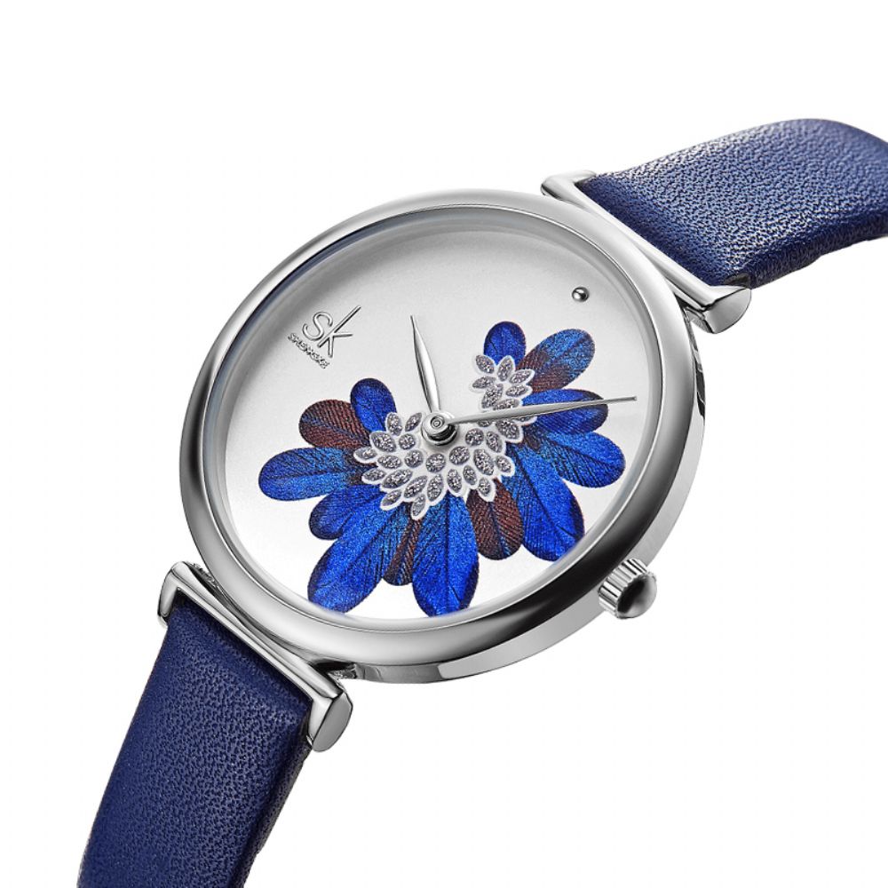 Shengke Sk K0123 Bladeren Patroon Kristallen Bloemen Vrouwelijke Mode Elegante Dames Dames Lederen Quartz Horloge