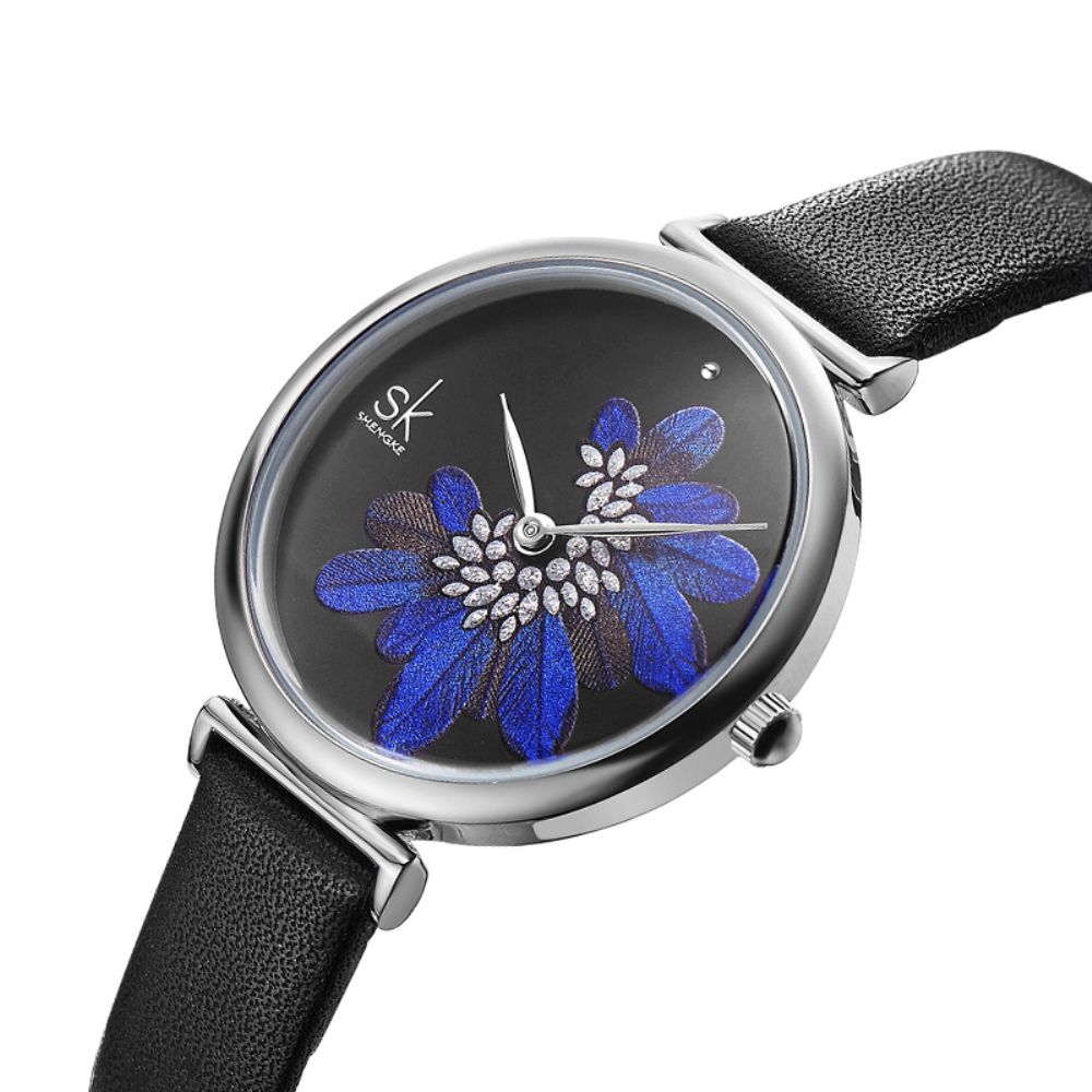 Shengke Sk K0123 Bladeren Patroon Kristallen Bloemen Vrouwelijke Mode Elegante Dames Dames Lederen Quartz Horloge